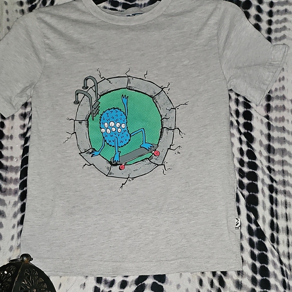 EUC Boys Shaun White Gray Tee with Blue Creature and Green Sewer Design